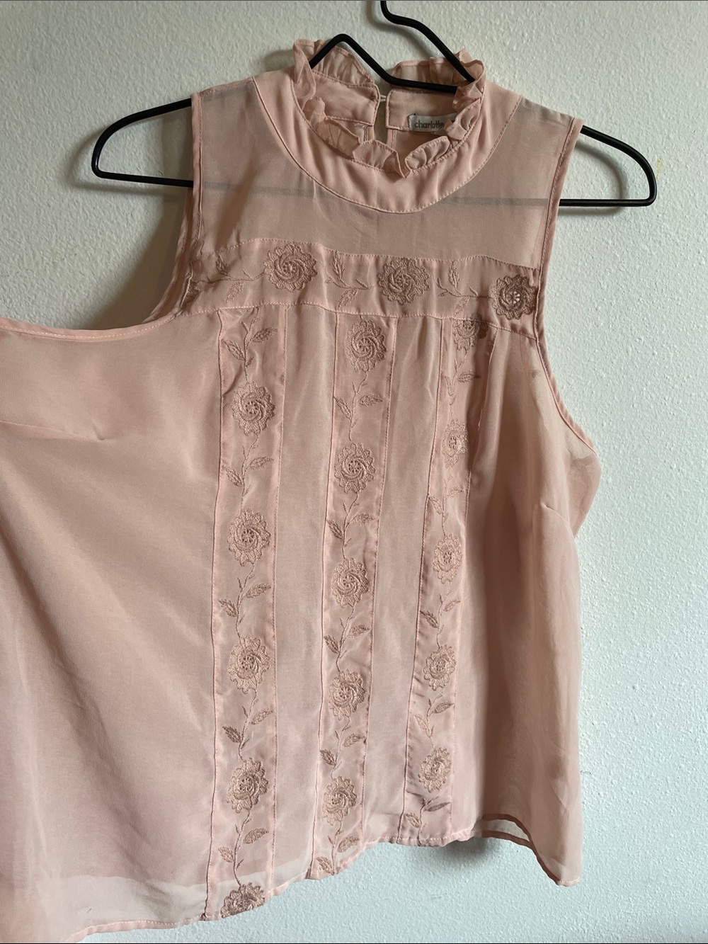 Charlotte Russe Blush Pink Ruffled Mock Neck Embroidered Camisole